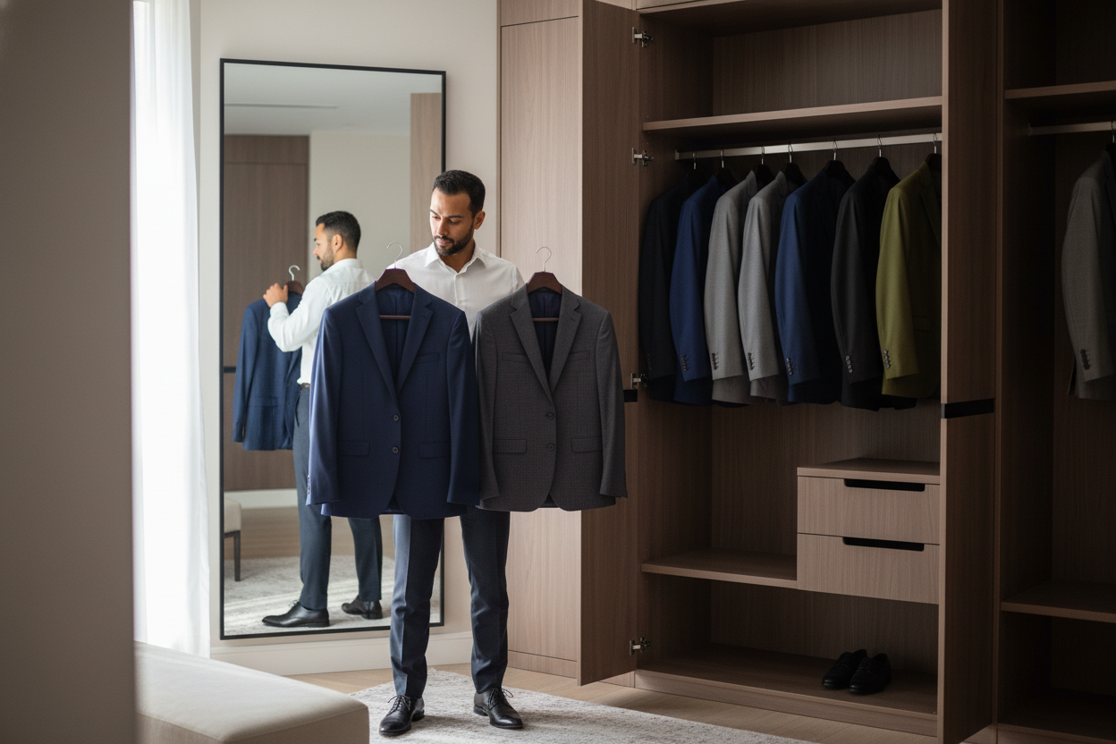 Man deciding between blue and gray jackets in wardrobe, illustrating how to choose suit color confidently