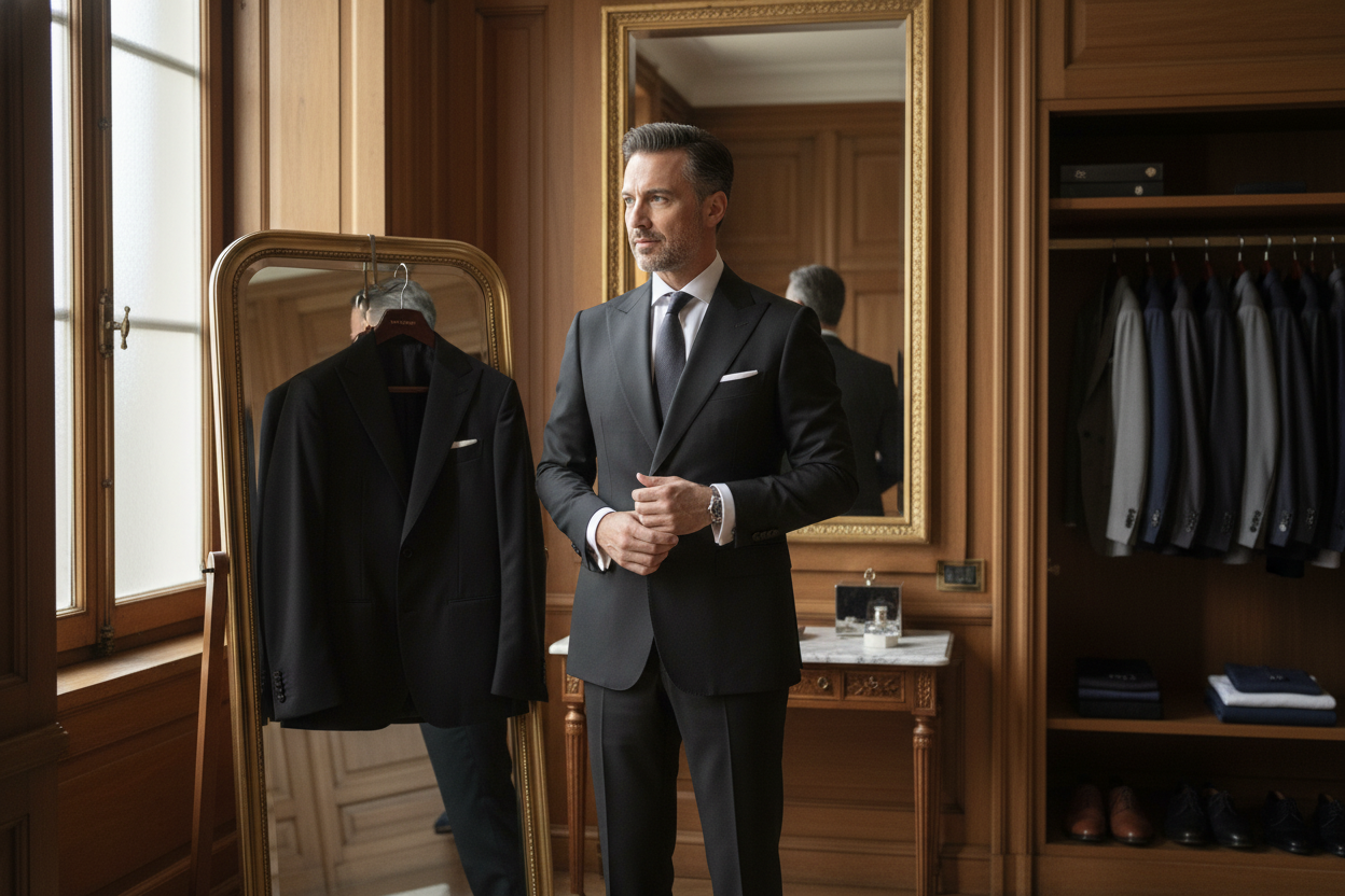 Businessman in a luxury formal suit adjusting his cufflinks in an elegant dressing room