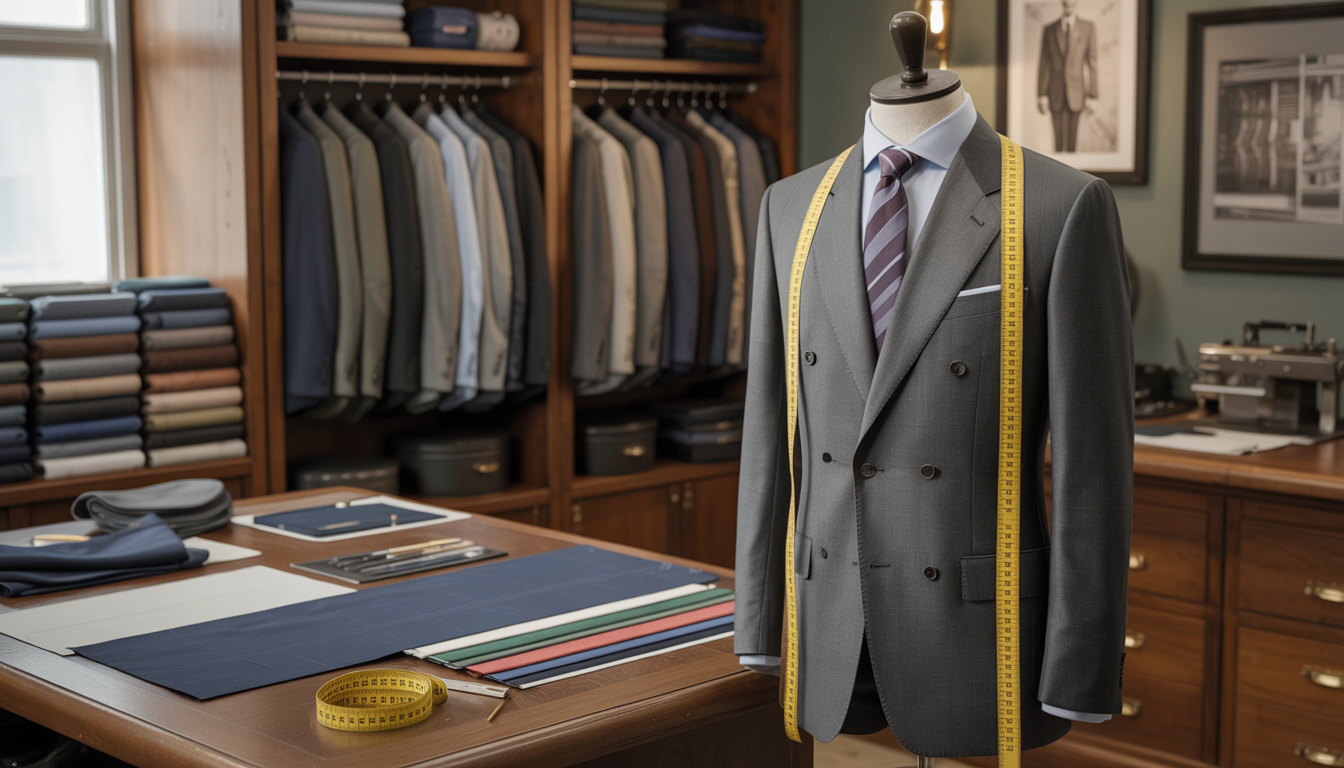 Tailor's workspace showing measuring tapes, fabric swatches, and a custom suit on a mannequin